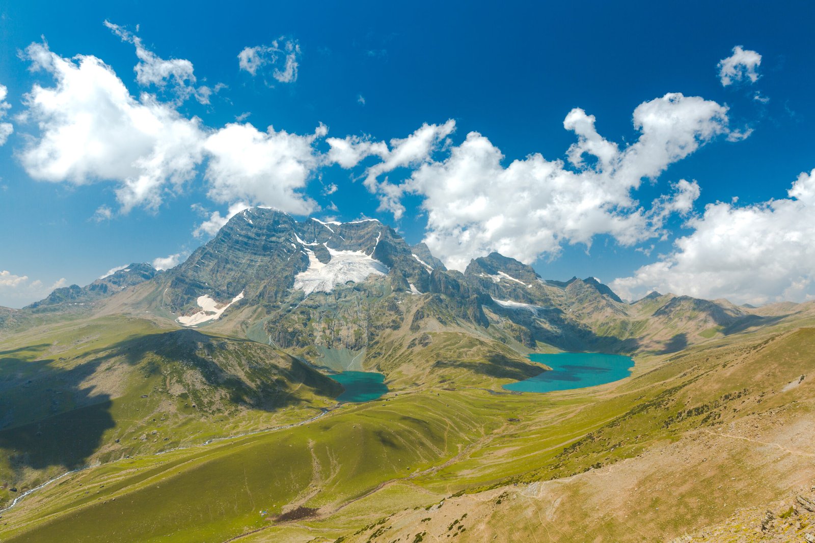 Beautiful Gangabal lake at Kashmir Great lakes trek in hill station of Sonamarg, Jammu and Kashmir. Valley of flowers, aqua marine tarn/lake, turquoise, landscape, nature, Himalayas, snow mountains